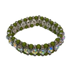 Aurora Borealis Crystal Stretch Bracelet with Green Stone Beads